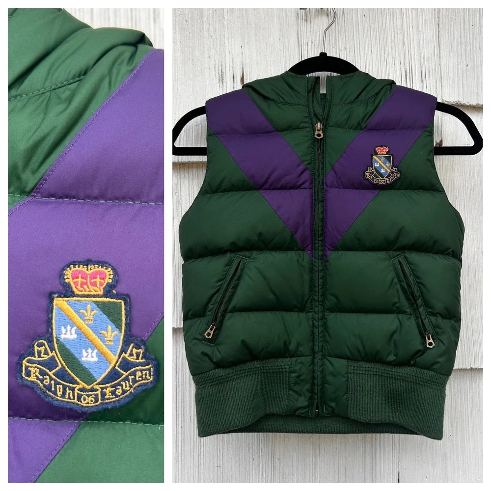 Ralph Lauren Kids Green Purple Down‎ Puffer Vest Hooded Crest Patch Size M 8/10